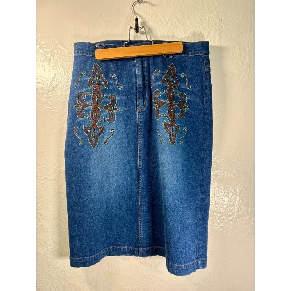 Jane Seymour Signature Embroidered Beaded Denim Skirt 12‎ Western Country Rodeo
